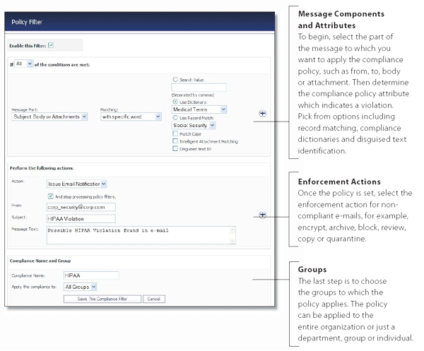 SonicWall Email Compliance Subscription - Policy Filter Screenshot